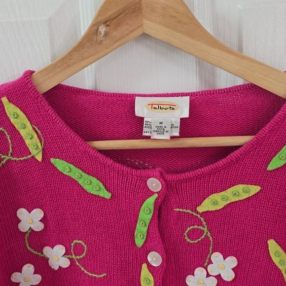 Talbots Pink Ramie Blend Cardigan Felt Sweet Peas Floral Embroidery Size Medium - Picture 5 of 13